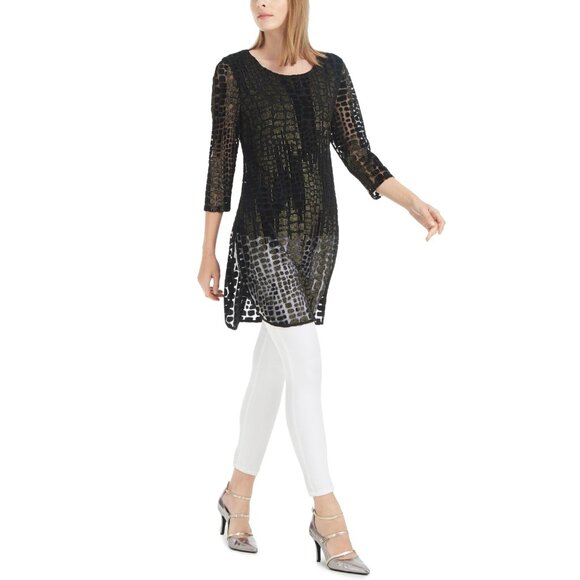 NWT Alfani Women Size Medium Black Metallic Gold Burnout Foil Mesh Tunic Top NEW - Picture 1 of 3